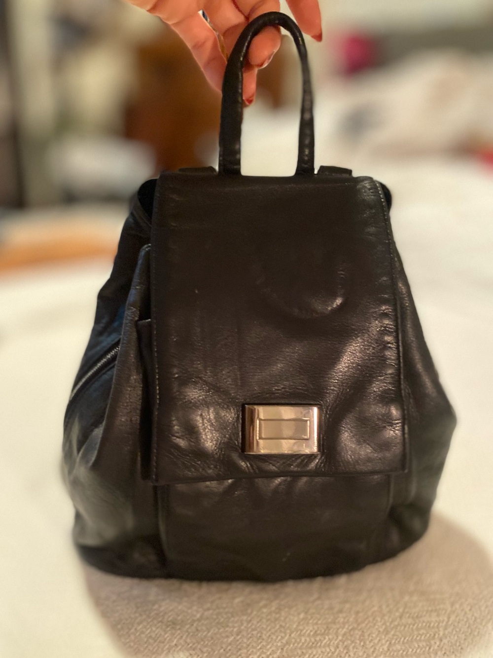 Perlina Black Leather Backpack with Silver Clasp